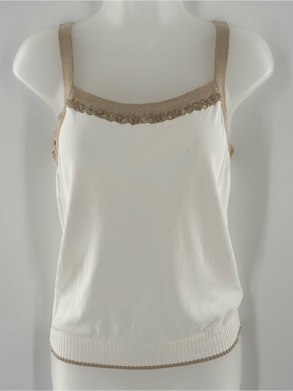 Escada Sleeveless Top Iridescent Sequin Beaded Sz EU 40 Metallic Gold Straps Hem